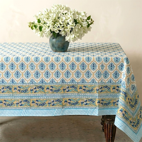 Nappe indienne en coton imprimée cyan et beige