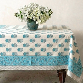 Indian printed cotton table cover white and cyan