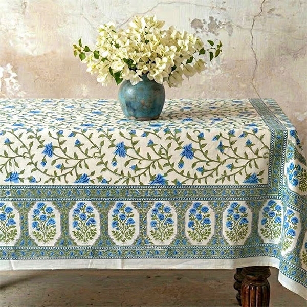 Nappe indienne coton imprimée bleue et verte