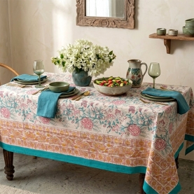 Nappe indienne en coton imprimée bleue et rose