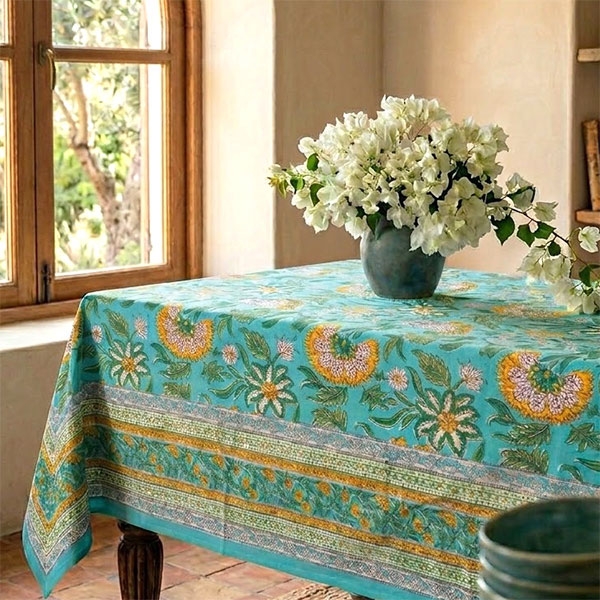 Indian cotton printed table cover cyan and yellow