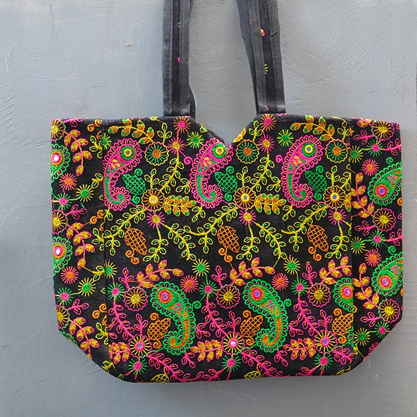 Indian handbag Matka style with flowers black color