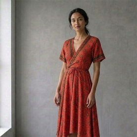 Robe indienne mi-longue imprimée Fleurs orange et noir
