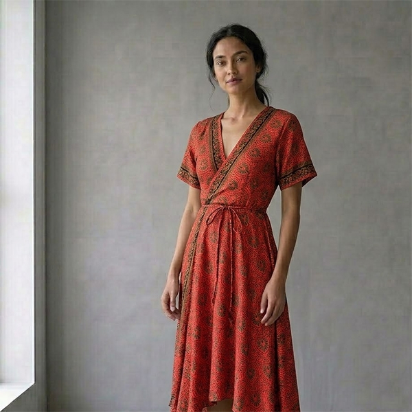 Robe indienne mi-longue imprimée Fleurs orange et noir