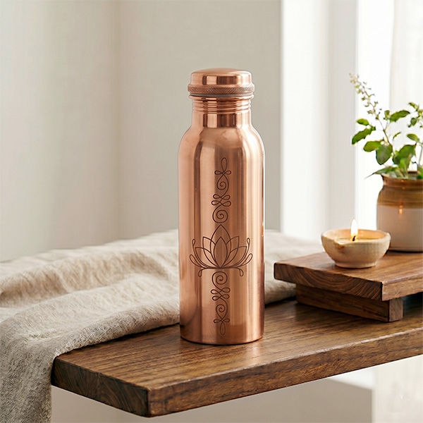 Bouteille indienne en cuivre gravé Lotus 500ml