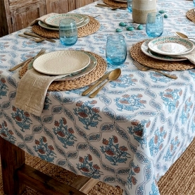 Nappe indienne en coton imprimée bleue et beige
