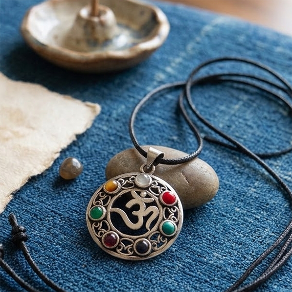 Pendentif OM indien en métal et pierres