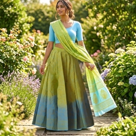 Indian cotton skirt Sanganeri print green and blue