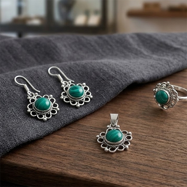 Parure indienne ethnique verte et argentée