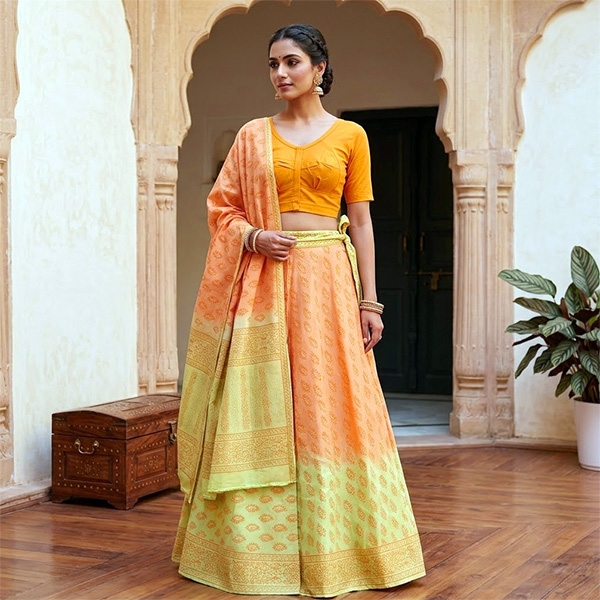 Indian cotton skirt Sanganeri print green and orange
