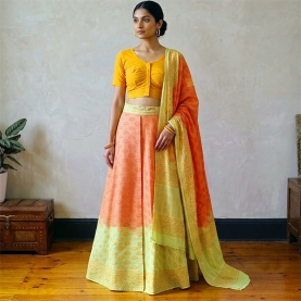 Indian cotton skirt Sanganeri print green and orange