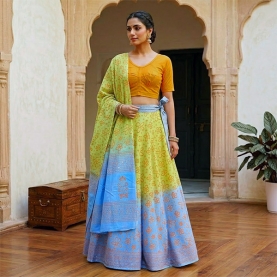 Jupe indienne complète Sanganeri bleue et verte