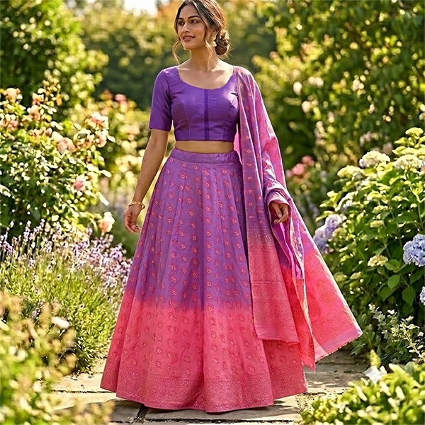 Jupe indienne complète Sanganeri rose et violette