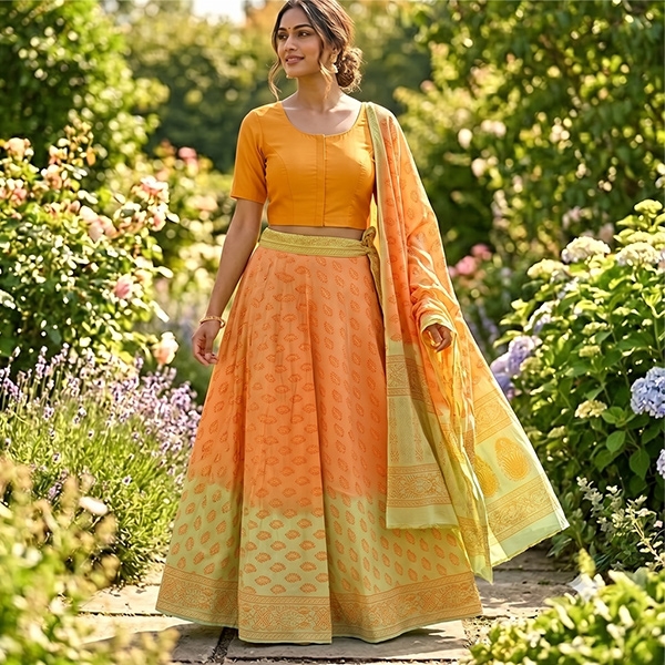 Jupe indienne complète Sanganeri verte et orange