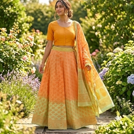 Indian cotton skirt Sanganeri print green and orange