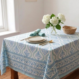 Nappe indienne en coton imprimée bleue et verte