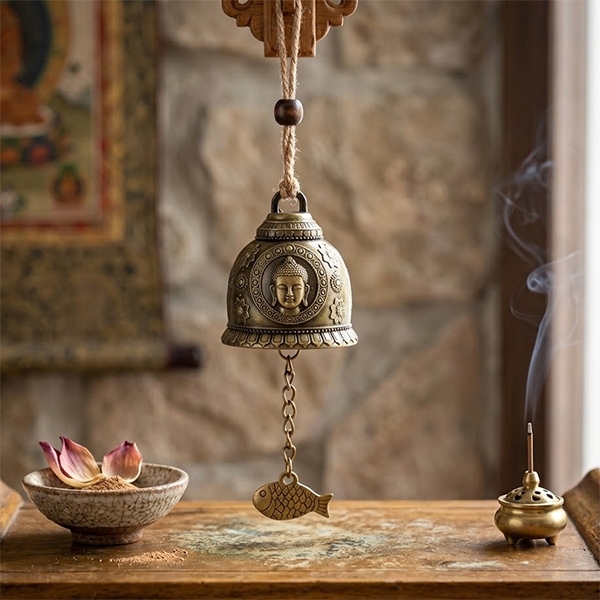 Handcrafted zinc bell Buddha and fish