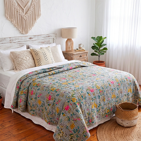 Indian handcrafted cotton bed cover Kantha grey