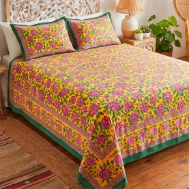 Indian printed bedsheet + pillow Yellow and green