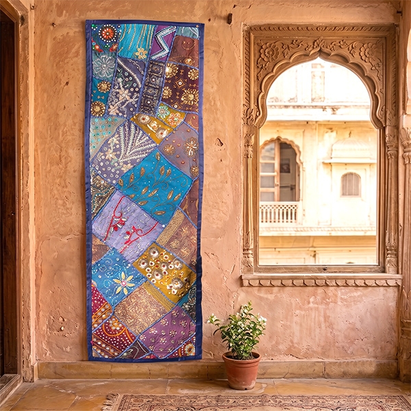 Tissu mural indien artisanal Patchwork marine