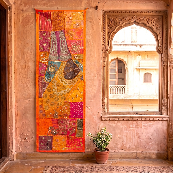 Tissu mural indien artisanal Patchwork orange
