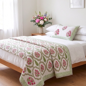 Indian traditional cotton Comforter + pillow green and pink