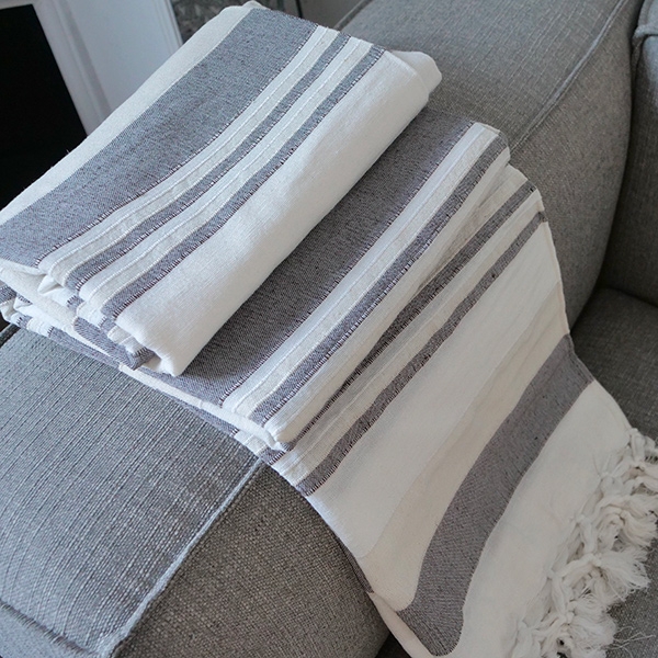 Couverture de canapé indienne en coton Kerala blanc et marron