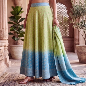 Indian cotton skirt Sanganeri print blue and green