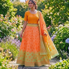 Indian cotton skirt Sanganeri print green and orange