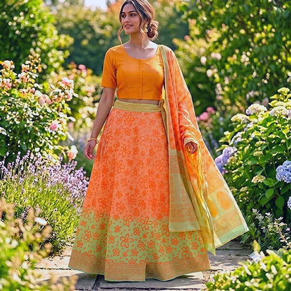 Indian cotton skirt Sanganeri print green and orange