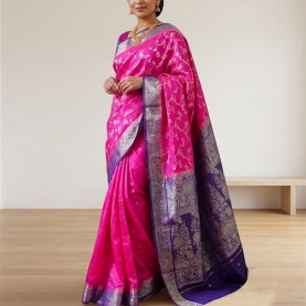Saree indien complet satiné rose et violet