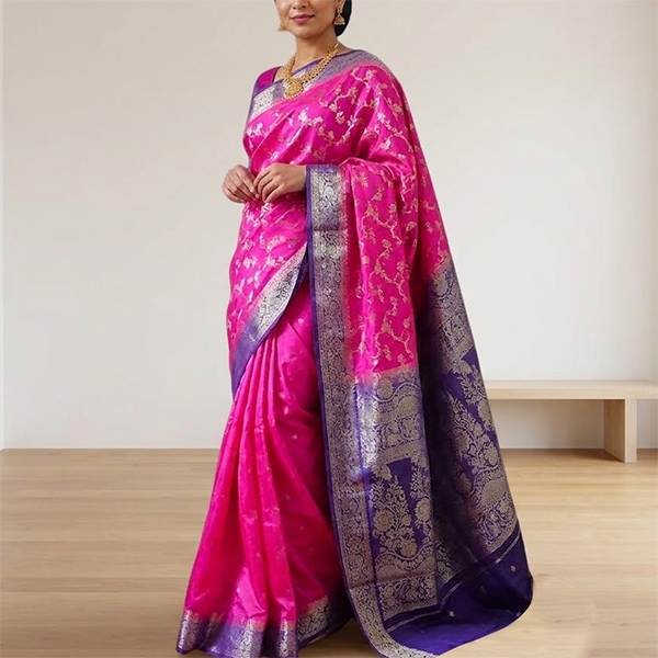 Saree indien complet satiné rose et violet