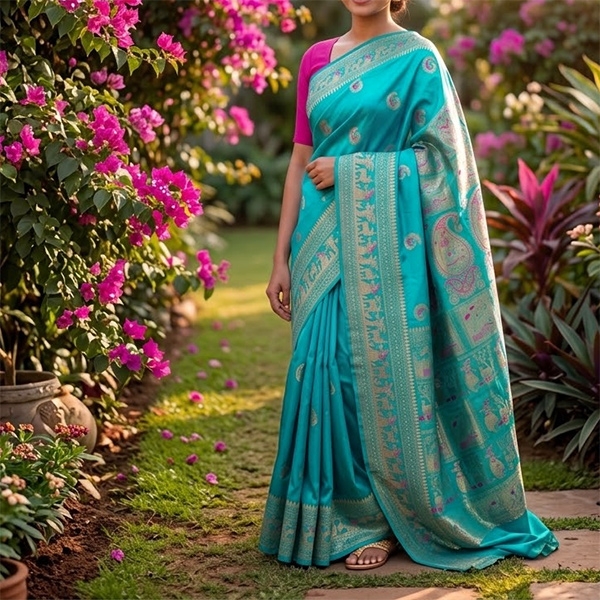 Indian saree satin fabric Turquoise and magenta