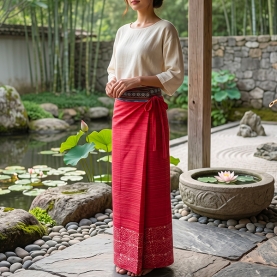 Jupe thaï longue en coton rouge Taille unique
