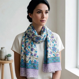 Indian printed cotton stole Dupatta white and purple
