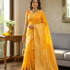 Saree indien complet coton jaune orangé