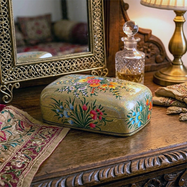 Indian handcrafted papier mache box golden
