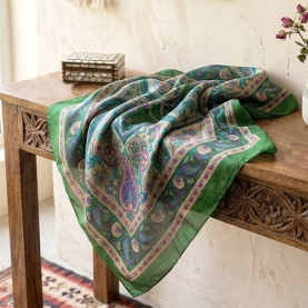 Indian silk scarf square green and purple