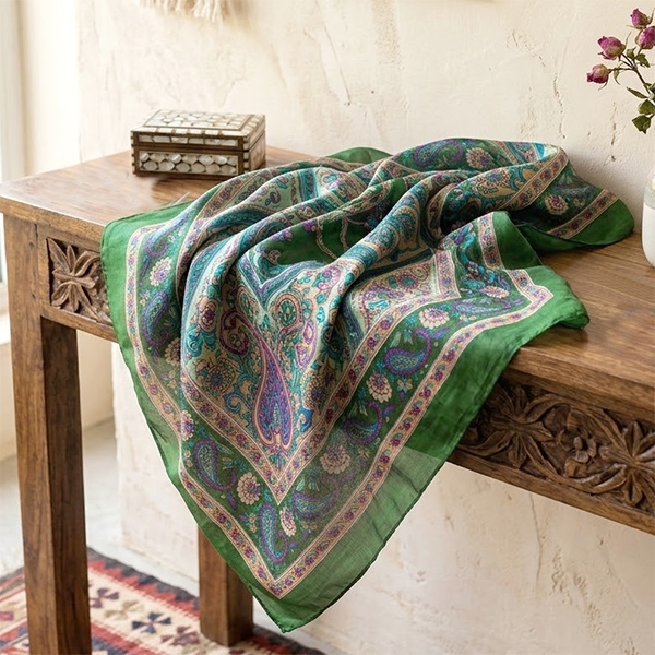 Indian silk scarf square green and purple