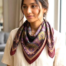 Indian silk scarf square maroon and yellow