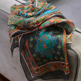 Foulard indien en soie chic noir et orange