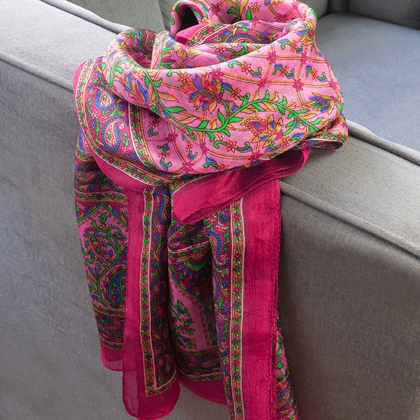 Foulard indien en soie chic rose et vert