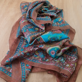 Foulard indien en soie chic marron et bleu
