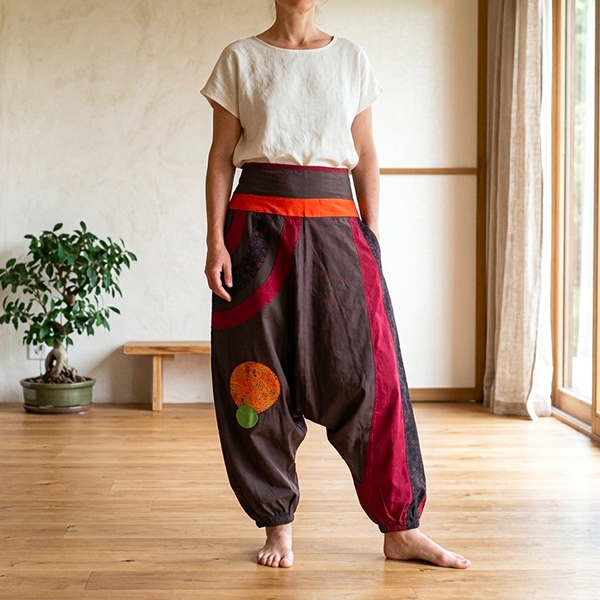 Nepalese yoga pants in cotton brown and orange