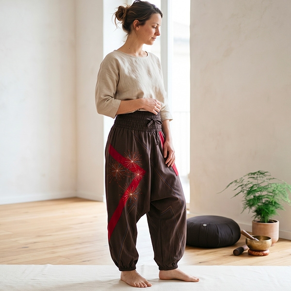 Pantalon yoga népalais en coton marron et bordeaux