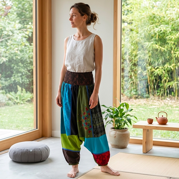 Nepalese yoga pants in cotton brown and green